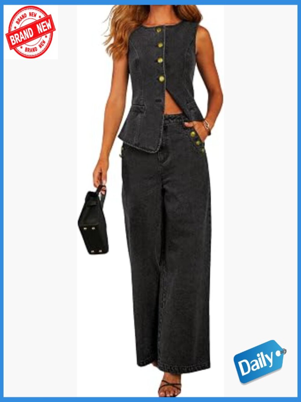 2 Piece Denim Vest Set Sleeveless Button Top Wide Leg Jeans Palazzo Pants Outfit
